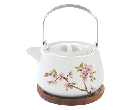 Porcelán teáskanna akácfa tálcán - Sakura