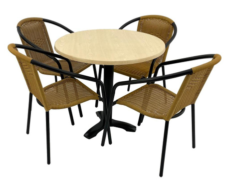 Set cafenea, masa rotunda D80cm AGMA HORECA MAPLE cu blat werzalit si picior metalic negru, 4 scaune TORO PVC ratan