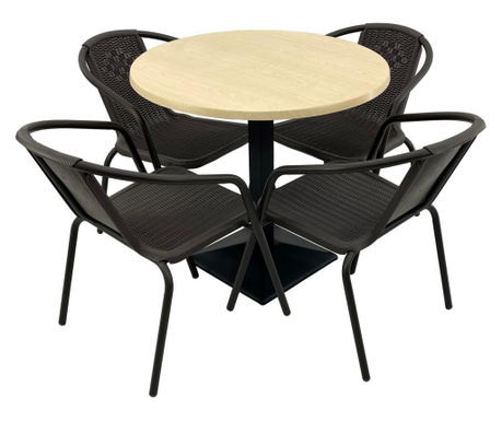 Set 4 scaune CAMPMAN maro cu masa rotunda D80cm AGMA HORECA MAPLE cu blat werzalit si baza metalica culoare negru