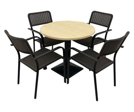 Set 4 scaune CAMPMAN cu brate, maro, masa rotunda D80cm AGMA HORECA MAPLE cu blat werzalit si baza metalica culoare negru