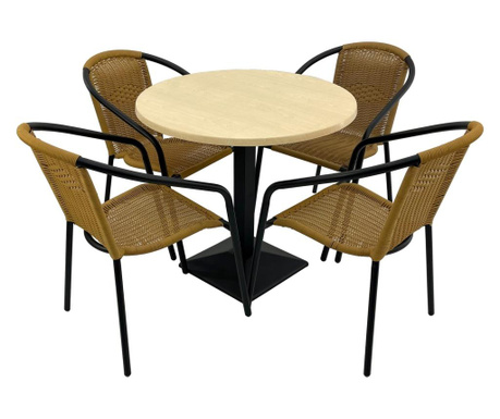 Set cafenea, masa rotunda D80cm AGMA HORECA MAPLE cu blat werzalit si baza metalica culoare negru, 4 scaune TORO PVC ratan