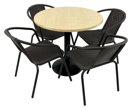 Set 4 scaune CAMPMAN maro cu masa rotunda D80cm AGMA HORECA MAPLE cu blat werzalit si baza metalica neagra