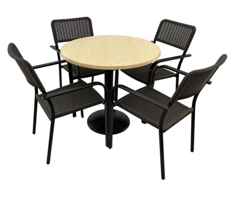 Set 4 scaune CAMPMAN cu brate, maro, masa rotunda D80cm AGMA HORECA MAPLE cu blat werzalit si baza metalica neagra