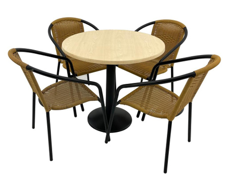 Set cafenea, masa rotunda D80cm AGMA HORECA MAPLE cu blat werzalit si baza metalica neagra, 4 scaune TORO PVC ratan