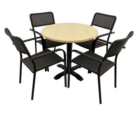 Set 4 scaune CAMPMAN cu brate, maro, masa rotunda D80cm AGMA HORECA MAPLE cu blat werzalit si baza neagra metalica