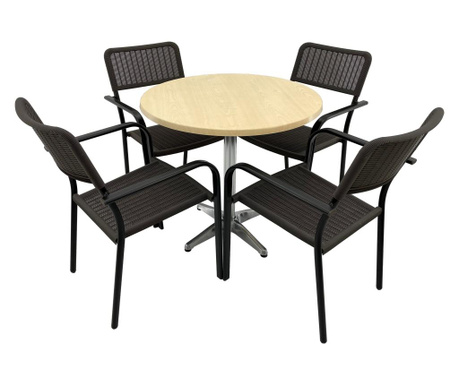 Set 4 scaune CAMPMAN cu brate, maro, masa rotunda D80cm AGMA HORECA MAPLE cu blat werzalit si baza aluminiu