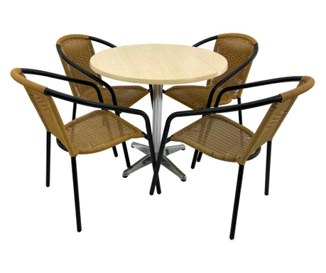 Set cafenea, masa rotunda D80cm AGMA HORECA MAPLE cu blat werzalit si baza aluminiu, 4 scaune TORO PVC ratan