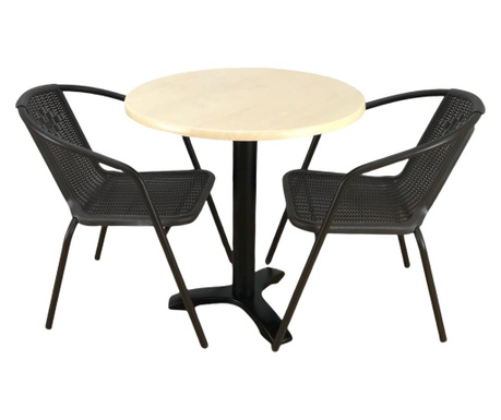 Set 2 scaune CAMPMAN maro cu masa rotunda D70cm AGMA HORECA MAPLE cu blat werzalit si picior metalic negru