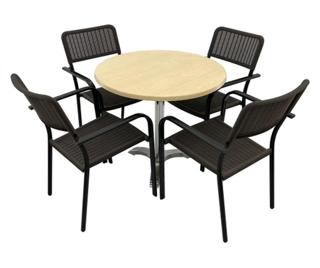 Set 4 scaune CAMPMAN cu brate, maro, masa rotunda D80cm AGMA HORECA MAPLE cu blat werzalit si picior aluminiu