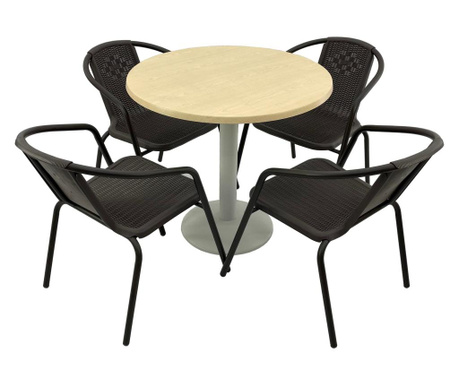 Set 4 scaune CAMPMAN maro cu masa rotunda D80cm AGMA HORECA MAPLE cu blat werzalit si baza metalica alba