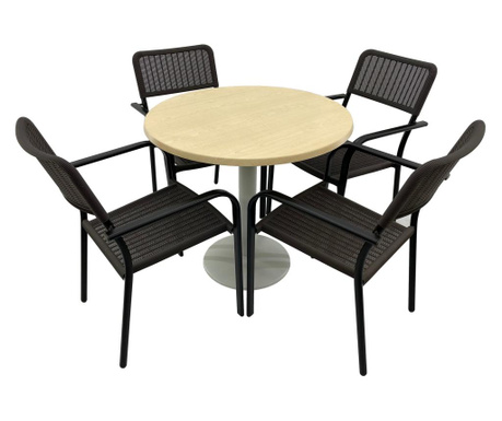 Set 4 scaune CAMPMAN cu brate, maro, masa rotunda D80cm AGMA HORECA MAPLE cu blat werzalit si baza metalica alba