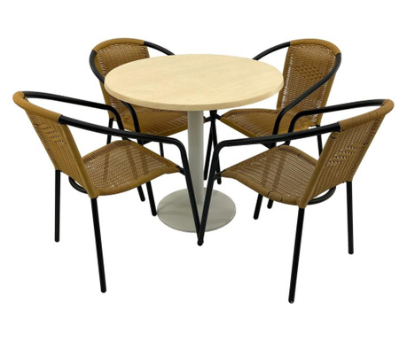 Set cafenea, masa rotunda D80cm AGMA HORECA MAPLE cu blat werzalit si baza metalica alba, 4 scaune TORO PVC ratan