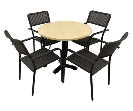 Set 4 scaune CAMPMAN cu brate, maro, masa rotunda D80cm AGMA HORECA MAPLE cu blat werzalit si picior metalic negru