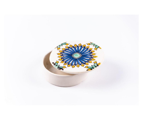 Cutie decorativa rotunda fleur blanche din ceramica, realizata manual  11x4 cm