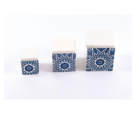 Set 3 recipiente tatoo bleu din ceramica pentru condimente/zahar/orez/diverse, realizate manual