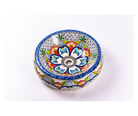 Lavoar rotund sandra floral, multicolor, din ceramica pictat manual, montaj pe blat 43x43x13 cm