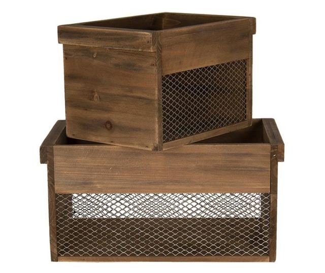 2 db barna fém fa tárolódoboz készlet 32x19x16 cm