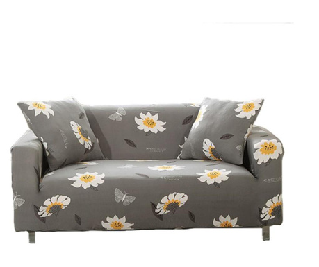 Husa elastica universala pentru canapea si pat, cu doua fete de perna, gri cu flori margarete, 230 x 190 cm
