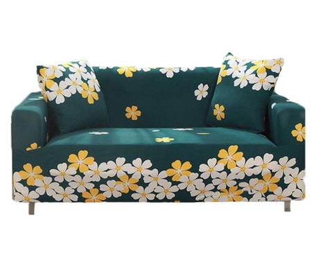 Husa elastica universala pentru canapea si pat, cu 2 fete de perna, verde cu imprimeu flori , 230 x 190 cm