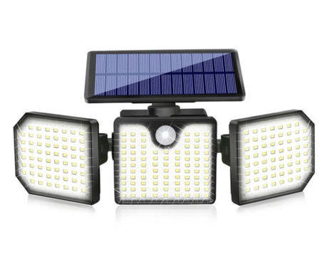 Lampa solara cu senzori, cu 3 capete, 230 LED, Impermeabila, pentru exterior, gradina, terasa, garaj, buz