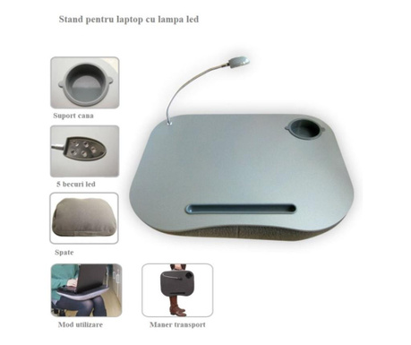 Masuta pentru laptop, multifunctionala, cu lampa, perna, suport cana, suport pix