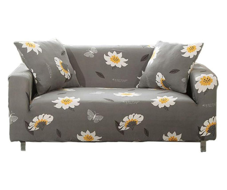 Husa elastica universala pentru canapea si pat, cu doua fete de perna, gri cu flori margarete, 200 x 140 cm