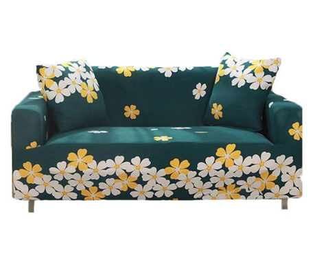 Husa elastica universala pentru canapea si pat, cu 2 fete de perna, verde cu flori , 200 x 140 cm