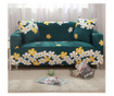 Husa elastica universala pentru canapea si pat, cu 2 fete de perna, verde cu flori , 200 x 140 cm
