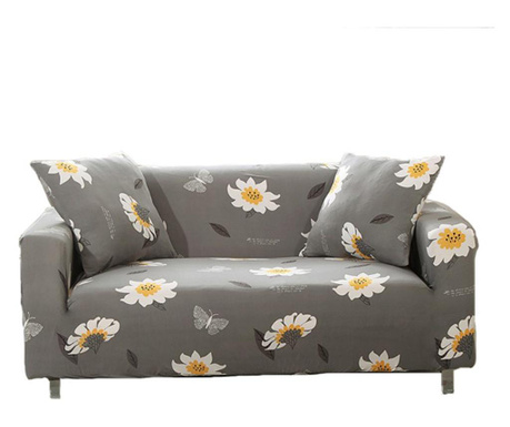 Husa elastica universala pentru canapea si pat, cu doua fete de perna, gri cu flori margarete, 190X 230 cm, buz