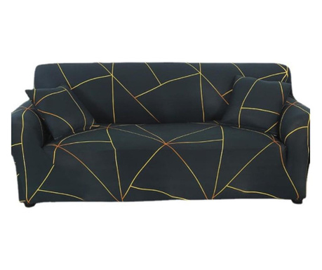 Husa elastica universala pentru canapea si pat, cu 2 fete de perna, bleumarin cu figuri geometrice, 230 x 190 cm