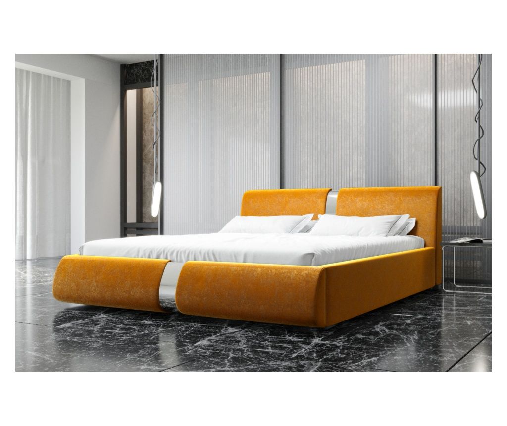 Pat tapitat cu somiera si lada de depozitare Galben inchis160x200 cm