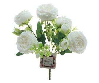 Buchet 6 bujori si camelia artificiale PAMI, F1021-20, 30cm Alb