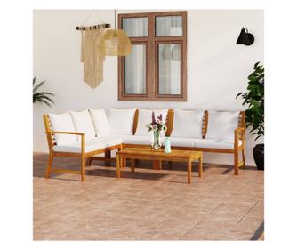 Градински комплект с кремави възглавници, 5 части, акация масив