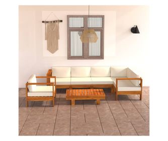 Градински мебели с възглавници, бяло/кремаво, 7 части, масивна акациева дървесина