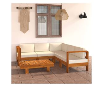 Градински мебели с възглавници в бяло/кремаво, 6 части, масивна акациева дървесина