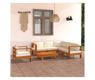 Градински мебели с възглавници в бяло/кремаво, 7 части, масивна акациева дървесина