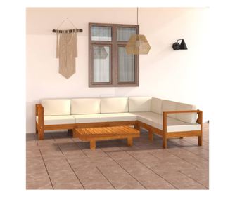 Градински мебели с възглавници в бяло/кремаво, 7 части, масивна акациева дървесина