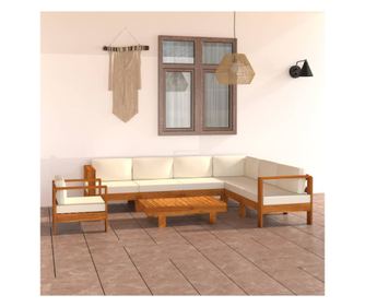 Градински мебели с възглавници в бяло/кремаво, 8 части, масивна акациева дървесина