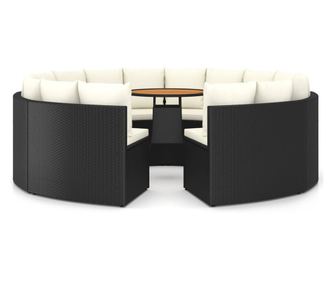 Градински комплект с възглавници, 9 части, черен полиратан