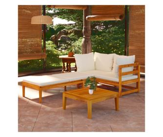 Градински мебели комплект възглавници бяло/кремаво, 3 части, масивна акациева дървесина