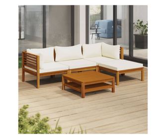 Градински комплект с кремави възглавници, 5 части, акация масив