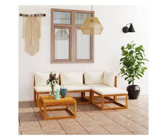 Градински комплект с кремави възглавници, 5 части, акация масив