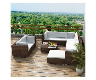 Vrtni namještaj s jastucima, 10 dijelova, smeđa, poliratan