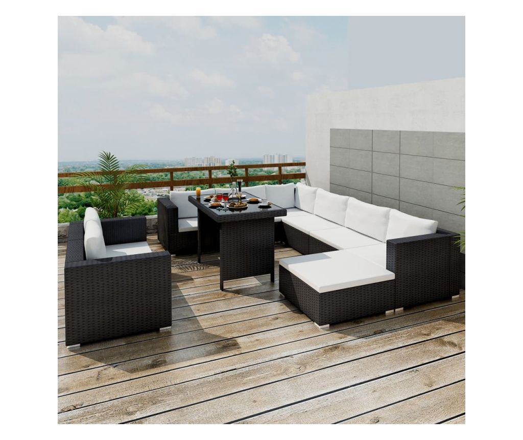10-Piece Garden Furniture Set with Cushions, Black, Poly Rattan