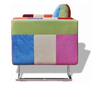 Krychlové křeslo, chromované nohy, patchwork, textilní