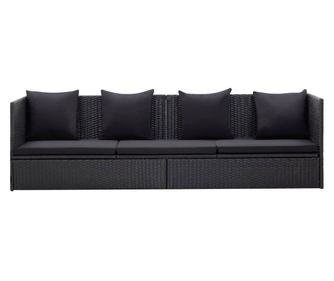 Градински диван с възглавници, полиратан, черен