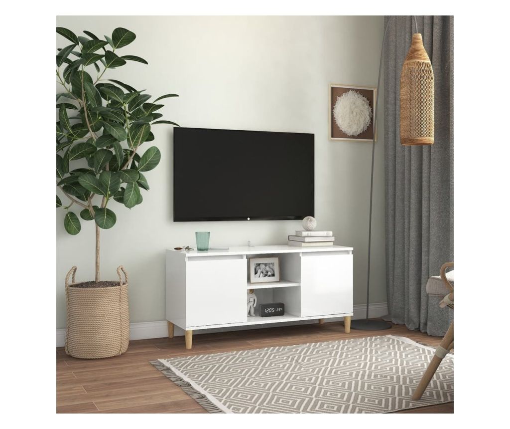 TV komoda & noge iz masivnega lesa bel ekstra sijaj 103,5x35x50 cm