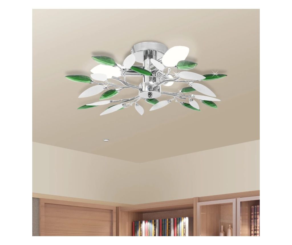 Akril kristlyokkal dsztett fehr s zld levl alak csillr, 3 db E14-es foglalattal