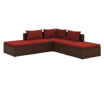 Градински лаундж комплект с възглавници 5 части полиратан кафяв