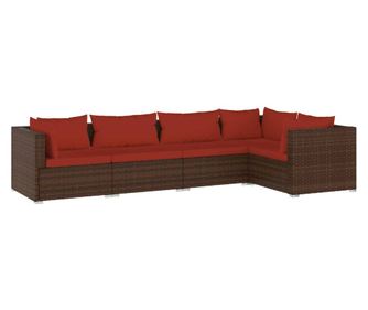 Градински лаундж комплект с възглавници 5 части кафяв полиратан